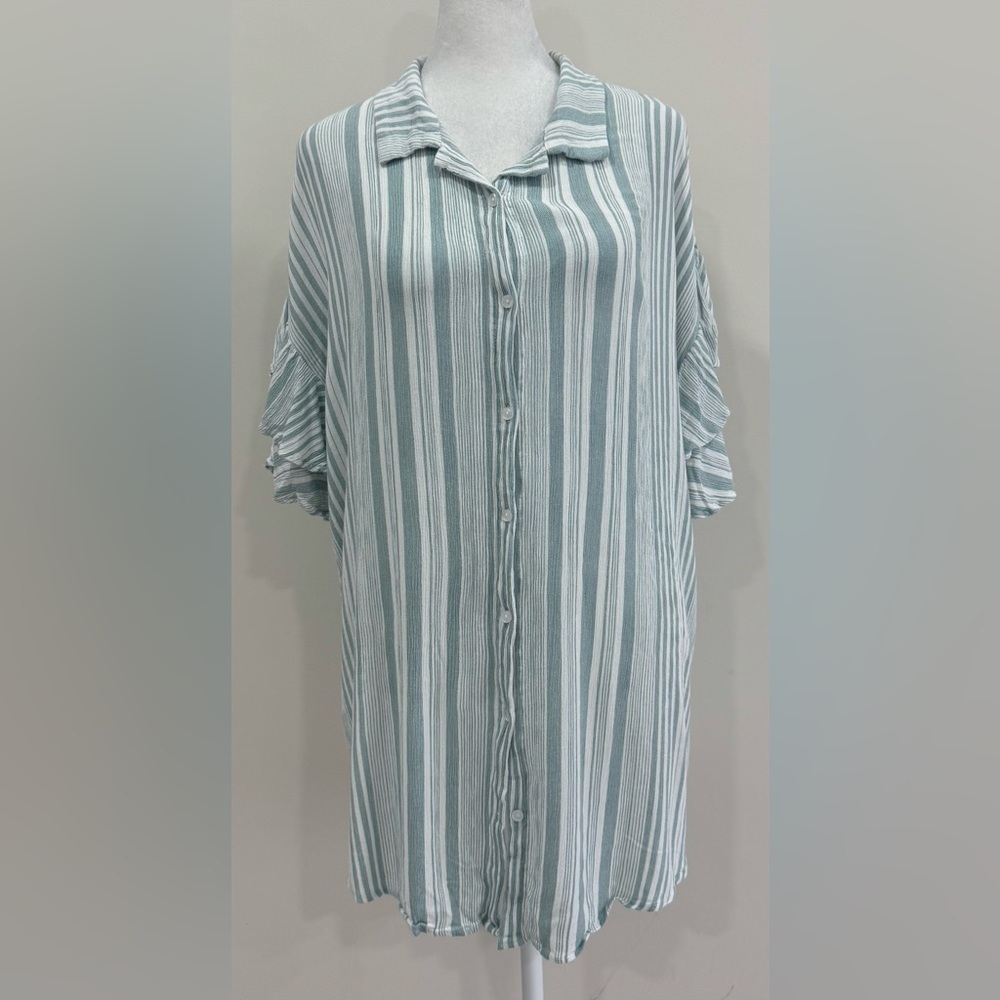 UMGEE Blouse Tunic Sz L Greenish Striped Button Down Lagenlook Boho